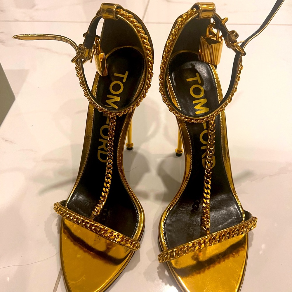 Tom Ford Gold Chain Heels With Lock Mirror T-Strap